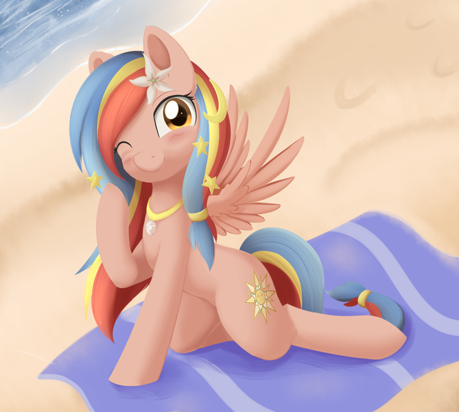 Size: 1344x1205 | Tagged: safe, artist:dusthiel, derpibooru import, oc, oc:pearl shine, ponified, unofficial characters only, pegasus, pony, beach, blushing, female, mare, nation ponies, one eye closed, philippines, solo, wink