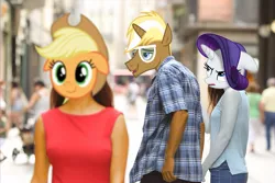 Size: 1121x747 | Tagged: anthro, applejack, artist:madmaremally, derpibooru import, distracted boyfriend meme, female, floppy ears, infidelity, male, meme, meta, rarity, safe, shipping, simple ways, straight, trenderhoof, trenderity, trenderjack, twitter