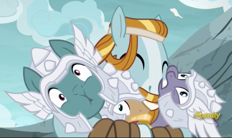 Size: 1105x657 | Tagged: safe, derpibooru import, screencap, rockhoof, sun cross, unnamed pony, pony, campfire tales, cropped, discovery family logo, group hug, hug, mighty helm