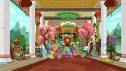 Size: 1920x1080 | Tagged: safe, derpibooru import, screencap, sable spirit, pony, unicorn, campfire tales, asian, bamboo, discovery family logo, empress, flower, palace, redemption, throne, tree