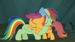 Size: 1920x1080 | Tagged: safe, derpibooru import, screencap, rainbow dash, scootaloo, pegasus, pony, campfire tales, cute, dark, discovery family logo, eyes closed, female, filly, hug, mare, raised hoof, scootalove, smiling