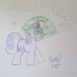 Size: 1823x1822 | Tagged: safe, artist:binkyt11, derpibooru import, sweetie belle, fly-der, pony, unicorn, campfire tales, bug bite, female, filly, fly-der bite, force field, magic, pencil drawing, scared, solo, sweetie belle's magic brings a great big smile, that was fast, traditional art