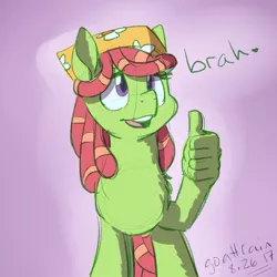 Size: 700x700 | Tagged: safe, artist:dwk, artist:goat train, derpibooru import, tree hugger, earth pony, pony, totally legit recap, bandana, colored sketch, dreadlocks, female, hand, mare, modern art, open mouth, optical illusion, smiling, solo, suddenly hands, thumbs up