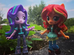 Size: 3697x2772 | Tagged: safe, artist:lucaspratt, derpibooru import, starlight glimmer, sunset shimmer, equestria girls, mirror magic, spoiler:eqg specials, beanie, doll, equestria girls minis, eqventures of the minis, garden, hat, irl, leaf, photo, toy, tree