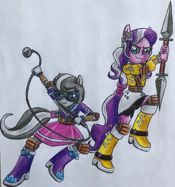 Size: 2582x2758 | Tagged: safe, artist:bozzerkazooers, derpibooru import, diamond tiara, silver spoon, equestria girls, boots, clothes, ninja, ponied up, shoes, traditional art, weapon