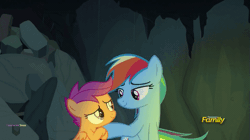 Size: 541x304 | Tagged: safe, derpibooru import, screencap, rainbow dash, scootaloo, pony, campfire tales, animated, boop, cute, cutealoo, daaaaaaaaaaaw, dashabetes, discovery family logo, fluttering, gif, hnnng, holding a pony, noseboop, nuzzling, scootalove, smiling, weapons-grade cute