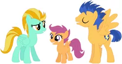 Size: 860x450 | Tagged: safe, artist:featherfury, derpibooru import, flash sentry, lightning dust, scootaloo, pony, alternate universe, brother and sister, brother and sisters, female, male, siblings, sisters, story included, trio