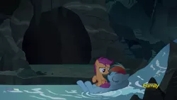 Size: 1920x1080 | Tagged: safe, derpibooru import, screencap, rainbow dash, scootaloo, pony, campfire tales, eyes closed, rainboat dash, river, scootalove, sitting on pony, smiling, swimming, water
