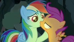 Size: 1280x720 | Tagged: safe, derpibooru import, screencap, rainbow dash, scootaloo, pegasus, pony, campfire tales, discovery family logo, duo, female, filly, foal, freeze frame, mare, mid-blink screencap, out of context