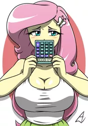 Size: 875x1250 | Tagged: suggestive, artist:acesrockz, derpibooru import, fluttershy, equestria girls, 5318008, adorasexy, big breasts, blushing, breasts, busty fluttershy, calculator, cleavage, clothes, cute, female, huge breasts, sexy, solo, solo female, upside down