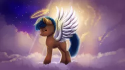 Size: 1920x1080 | Tagged: safe, artist:confetticakez, derpibooru import, oc, unofficial characters only, pegasus, pony, angel, angelic wings, cloud, female, halo, mare, sky, smiling, solo, tribute