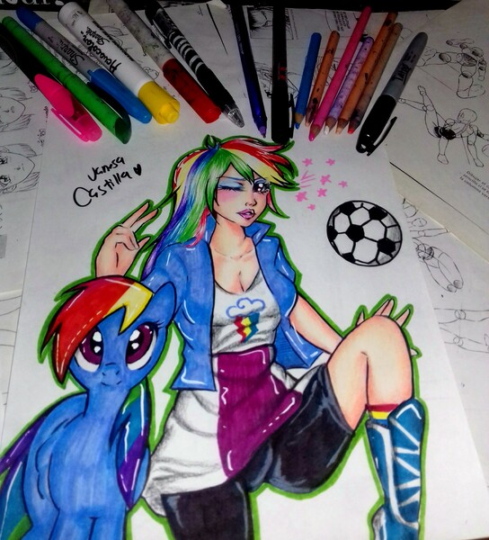 Size: 2448x2699 | Tagged: safe, artist:queencastilla, derpibooru import, rainbow dash, human, pony, duo, football, human ponidox, humanized, marker, marker drawing, stars, traditional art