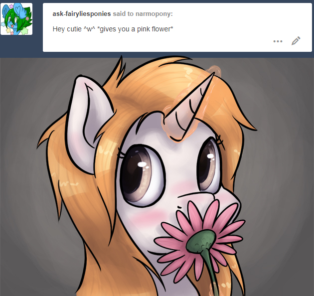 Size: 630x594 | Tagged: safe, artist:hieronymuswhite, derpibooru import, oc, oc:narmo, unofficial characters only, pony, unicorn, blushing, flower, magic, simple background, solo, telekinesis, tumblr