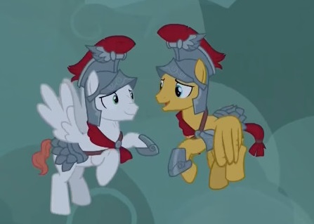 Size: 447x319 | Tagged: safe, derpibooru import, screencap, albus, flash magnus, pegasus, pony, campfire tales, armor, cropped, duo, flying, helmet, hoof shoes, male, royal legion, stallion