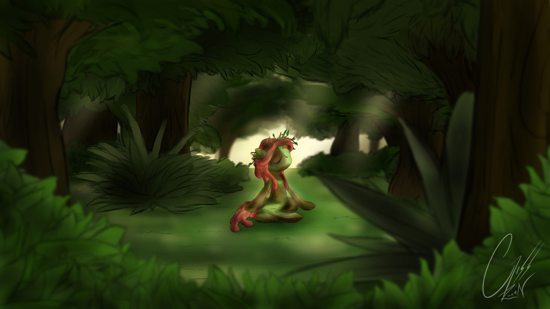 Size: 6400x3600 | Tagged: safe, artist:theravencriss, derpibooru import, tree hugger, pony, atg 2017, forest, meditating, newbie artist training grounds, solo