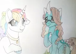 Size: 1024x733 | Tagged: safe, artist:evergreen-gemdust, derpibooru import, oc, oc:gentle heart, oc:mew angel, unofficial characters only, pony, unicorn, curved horn, female, glasses, mare, traditional art
