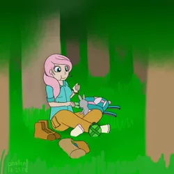 Size: 1500x1500 | Tagged: air ponyville, artist:phallen1, atg 2017, backpack, boots, canteen, clothes, derpibooru import, eating, female, fluttershy, food, forest, human, humanized, lettuce, newbie artist training grounds, ponytail, rabbit, safe, sandwich, shoes, sitting, socks, solo