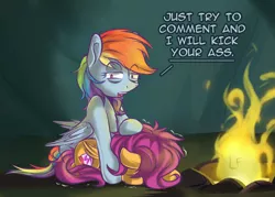 Size: 1400x1000 | Tagged: safe, artist:redheadfly, derpibooru import, rainbow dash, scootaloo, pegasus, pony, campfire tales, comforting, duo, female, filly, fire, mare, offscreen character, scootalove, shaking, talking to viewer, vulgar