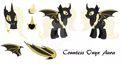 Size: 1024x535 | Tagged: safe, artist:nightfoxgangsters, derpibooru import, oc, oc:countess onyx aura, unofficial characters only, bat pony, pony, edgy, fangs, ponysona, reference sheet, solo, watermark