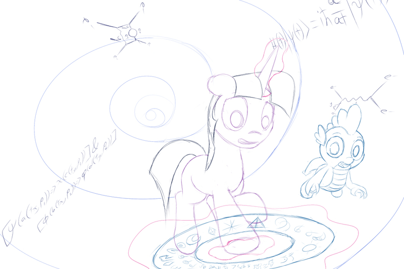 Size: 1050x700 | Tagged: safe, artist:stillwaterspony, derpibooru import, spike, twilight sparkle, dragon, pony, atg 2017, floating, magic, magic circle, newbie artist training grounds, portal, rough, sketch, space and time