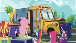 Size: 1136x640 | Tagged: safe, derpibooru import, screencap, fluttershy, pinkie pie, rainbow dash, rarity, sci-twi, sunset shimmer, twilight sparkle, eqg summertime shorts, equestria girls, get the show on the road, bus, from behind, school bus, the rainbooms tour bus