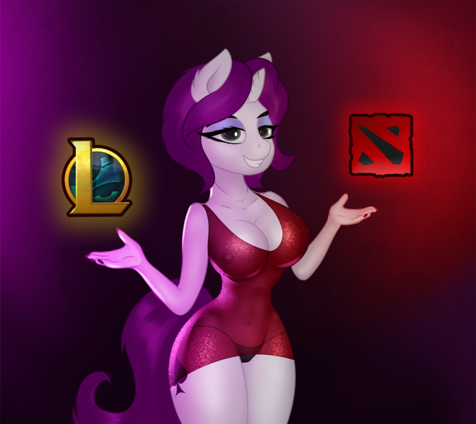 Size: 1584x1413 | Tagged: questionable, artist:eqamrd, derpibooru import, oc, oc:greb, unofficial characters only, anthro, unicorn, big breasts, breasts, clothes, cutie mark, dota, dota 2, dress, female, game, league of legends, looking at you, makeup, panties, rule 63, see-through, smiling, solo, underwear
