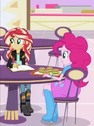 Size: 1536x2048 | Tagged: safe, derpibooru import, screencap, pinkie pie, sunset shimmer, equestria girls, mirror magic, spoiler:eqg specials, burger, chair, cute, duo, female, food, geode of empathy, journal, magical geodes, pen, table, tray