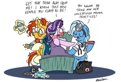 Size: 2401x1620 | Tagged: safe, artist:bobthedalek, derpibooru import, starlight glimmer, sunburst, trixie, pony, unicorn, bag, bed, bipedal, blushing, caring for the sick, clothes, cold, cup, dialogue, doctor, eyes closed, female, food, levitation, magic, male, mare, open mouth, pointing, rectal thermometer, red nosed, sick, simple background, stallion, tea, teacup, teapot, telekinesis, thermometer, tissue, tissue box, trio, white background