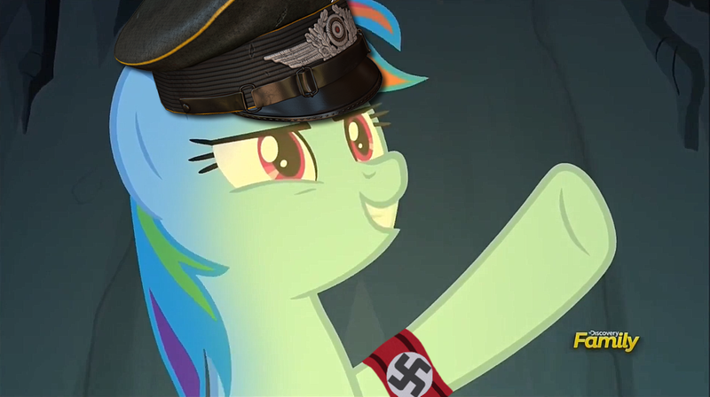 Size: 1277x715 | Tagged: grimdark, deleted from derpibooru, derpibooru import, edit, edited screencap, screencap, rainbow dash, pony, campfire tales, armband, nazi, nazi armband, politics, sieg heil, solo, ss officer