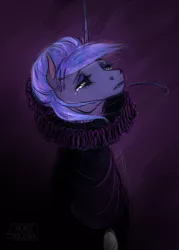 Size: 1000x1400 | Tagged: safe, artist:hengebellika, derpibooru import, princess luna, pony, alternate hairstyle, clothes, collar, crying, dress, elizabethan, female, hair accessory, hair bun, jewelry, mare, necklace, ruff (clothing), sad, signature, simple background, solo