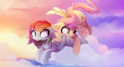 Size: 2480x1347 | Tagged: safe, artist:magnaluna, derpibooru import, fluttershy, rainbow dash, pegasus, pony, blushing, cloud, crash, cute, female, floppy ears, flutterdash, flying, lesbian, mare, one eye closed, shipping, sun, wallpaper, wavy mouth