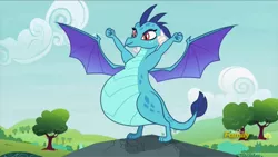 Size: 1920x1080 | Tagged: safe, artist:neongothic, derpibooru import, edit, edited screencap, screencap, princess ember, dragon, triple threat, belly, big belly, bloated, day, discovery family logo, dragonlard ember, fat, fat edit, female, horns, hungry, inflation, not pregnant, outdoors, sky, solo, spread wings, standing, story included, weight gain, wings