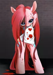 Size: 1407x1997 | Tagged: semi-grimdark, artist:unousaya, derpibooru import, pinkie pie, earth pony, pony, semi-anthro, bipedal, blood, bottomless, clothes, female, looking at you, mare, partial nudity, pinkamena diane pie, shirt, t-shirt