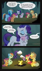 Size: 901x1534 | Tagged: semi-grimdark, artist:toonbat, derpibooru import, edit, edited screencap, screencap, apple bloom, applejack, rainbow dash, rarity, scootaloo, sweetie belle, pony, campfire tales, alternate ending, bad end, betrayal, campfire, cave, comic, cute, cutealoo, cutie mark crusaders, dark comedy, dialogue, fly-der bite, food, imminent vore, marshmallow, rarity is a marshmallow, roasting, scene interpretation, sweetie belle is a marshmallow too