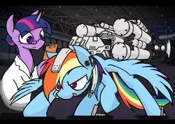 Size: 6082x4300 | Tagged: safe, artist:zemlya, derpibooru import, rainbow dash, twilight sparkle, pony, absurd resolution, armored core, clipboard, clothes, crossover, duo, duo female, female, glasses, lab coat, machine, open mouth, pixiv, this will end in pain, xk-class end-of-the-world scenario