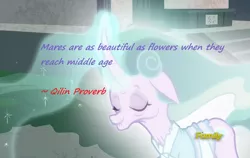 Size: 1420x898 | Tagged: safe, artist:meiyeezhu, derpibooru import, edit, edited screencap, screencap, mistmane, pony, unicorn, campfire tales, aging, discovery family logo, female, floppy ears, magic, magic aura, mare, old, proverb, wisdom