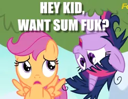 Size: 870x670 | Tagged: suggestive, derpibooru import, edit, edited screencap, screencap, scootaloo, twilight sparkle, pegasus, pony, unicorn, newbie dash, caption, female, filly, fuk, image macro, implied foalcon, implied sex, insanity, lemme smash, mare, meme, question, stranger danger, twilight is a foal fiddler, twilight snapple, vulgar