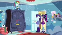 Size: 1920x1080 | Tagged: safe, derpibooru import, screencap, rainbow dash, rarity, sci-twi, twilight sparkle, eqg summertime shorts, equestria girls, leaping off the page, book, bookshelf, boots, bowtie, christmas lights, clothes, compression shorts, cup, dresser, football, glasses, mary janes, ponytail, rainbow dash's bedroom, rainbow dash's house, shoes, skirt, socks