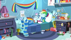 Size: 1920x1080 | Tagged: safe, derpibooru import, screencap, rainbow dash, eqg summertime shorts, equestria girls, leaping off the page, boots, clothes, compression shorts, converse, cute, eyes closed, female, rainbow dash's bedroom, shoes, skirt, socks, solo