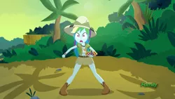 Size: 1920x1080 | Tagged: safe, derpibooru import, screencap, rainbow dash, eqg summertime shorts, equestria girls, leaping off the page, belt, boots, clothes, crown, hat, jewelry, legs, midriff, pith helmet, regalia, shoes, short shirt, skirt, solo