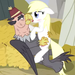 Size: 1024x1024 | Tagged: suggestive, artist:mooksnspooks, derpibooru import, grampa gruff, oc, oc:aryanne, earth pony, gryphon, pony, age difference, female, fez, gerontophilia, hat, interspecies, kissing, male, out of character, race traitor, shipping, straight