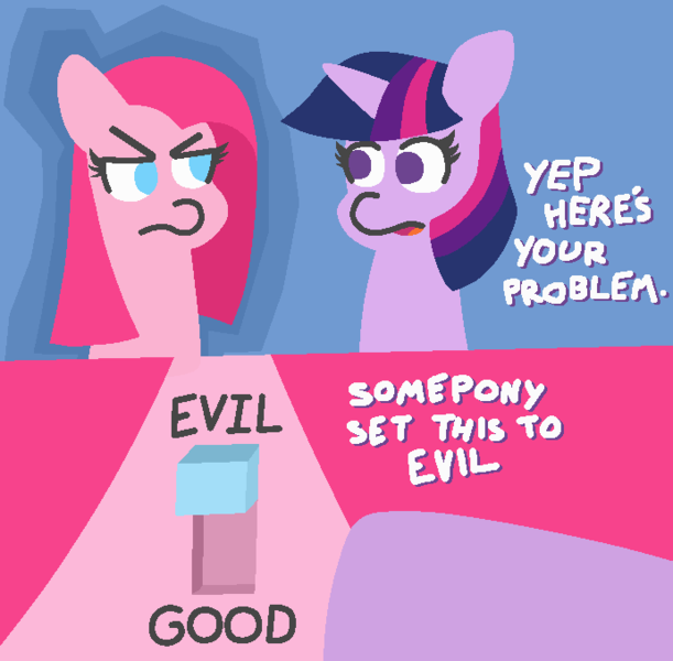 Size: 691x679 | Tagged: safe, artist:threetwotwo32232, derpibooru import, pinkie pie, twilight sparkle, earth pony, pony, unicorn, comic, dialogue, duo, looking at each other, newbie artist training grounds, parody, pinkamena diane pie, simpsons did it, switch, the simpsons, treehouse of horror