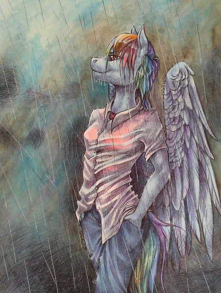 Size: 755x1000 | Tagged: anthro, artist:chasingthesilverstag, clothes, derpibooru import, folded wings, hands in pockets, jeans, pants, rain, rainbow dash, safe, shirt, smiling, solo, wet clothes, wet mane, wet shirt