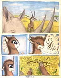 Size: 1064x1372 | Tagged: acacia tree, africa, animal in mlp form, antelope, artist:thefriendlyelephant, black rhinoceros, cloven hooves, comic, comic:sable story, derpibooru import, giant sable antelope, horns, leaves, oc, oc:grumpy the rhino, oc:uganda, rhinoceros, rock, safe, savanna, sleeping, snap, stick, traditional art, unofficial characters only