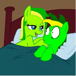 Size: 502x502 | Tagged: safe, artist:didgereethebrony, artist:madmax, derpibooru import, oc, oc:boomerang beauty, oc:didgeree, unofficial characters only, pony, aftersex ponies, boomeree, morning after, pillow, self paradox, surprised, wide eyes