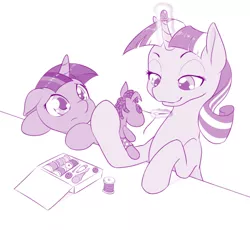 Size: 1000x919 | Tagged: safe, artist:dstears, derpibooru import, smarty pants, twilight sparkle, twilight velvet, pony, unicorn, atg 2017, cute, female, filly, filly twilight sparkle, glowing horn, mare, mother and daughter, newbie artist training grounds, repairing, sewing, sewing needle, simple background, smiling, thimble, twiabetes, younger