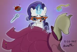 Size: 1024x688 | Tagged: safe, artist:a-bright-idea, derpibooru import, rarity, pony, suited for success, atg 2017, clothes, dress, glasses, mannequin, needle, newbie artist training grounds, sewing, solo