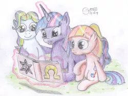 Size: 2000x1504 | Tagged: safe, artist:s-guide, derpibooru import, coconut cream, toola roola, twilight sparkle, twilight sparkle (alicorn), alicorn, pony, atg 2017, book, magic, newbie artist training grounds, reading, telekinesis, traditional art, trio