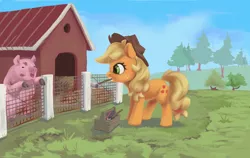 Size: 1500x947 | Tagged: safe, artist:egn, derpibooru import, applejack, pig, pony, atg 2017, equestria daily exclusive, fence, mouth hold, newbie artist training grounds, solo