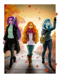 Size: 2000x2600 | Tagged: safe, artist:ponut_joe, derpibooru import, adagio dazzle, aria blaze, sonata dusk, equestria girls, alternate costumes, alternate hairstyle, autumn, bag, boots, clothes, coat, female, leaves, scarf, shoes, the dazzlings, trio